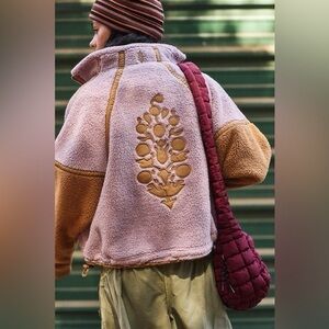 Free People Two-Tone Pink & Tan Sherpa Jacket with Back Appliqué